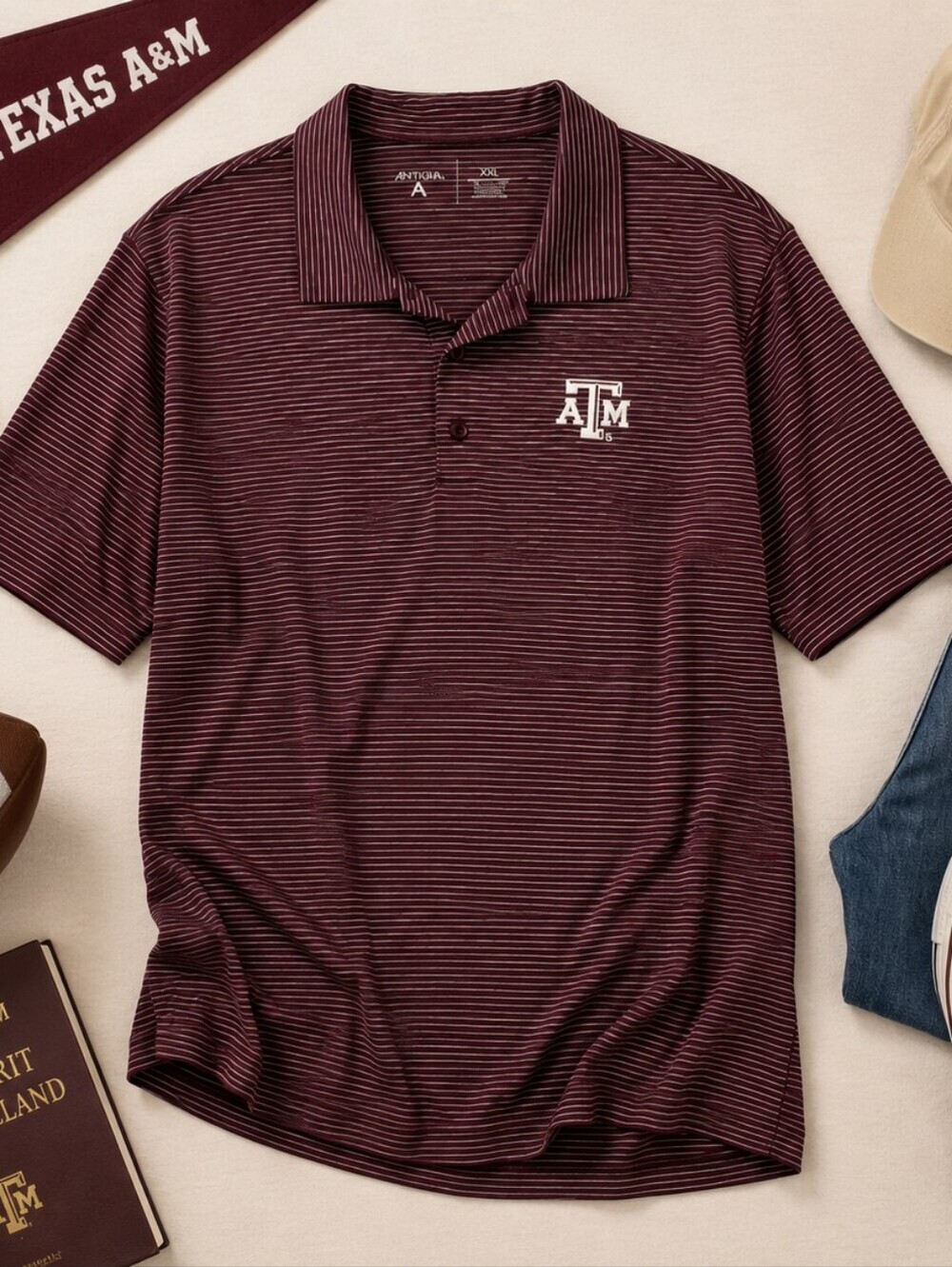 Antigua Texas A&M Maroon Striped S Sleeve 1/4 Button Poly Polo Shirt. Mens XXL
